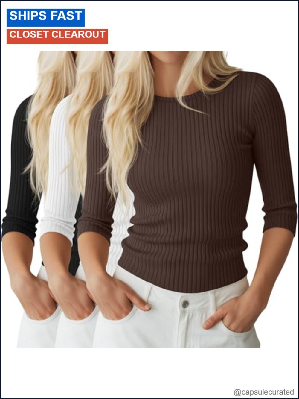 3 Pack 3/4 Sleeve Ribbed Tops Women Slim Fit Cotton Spandex Tee